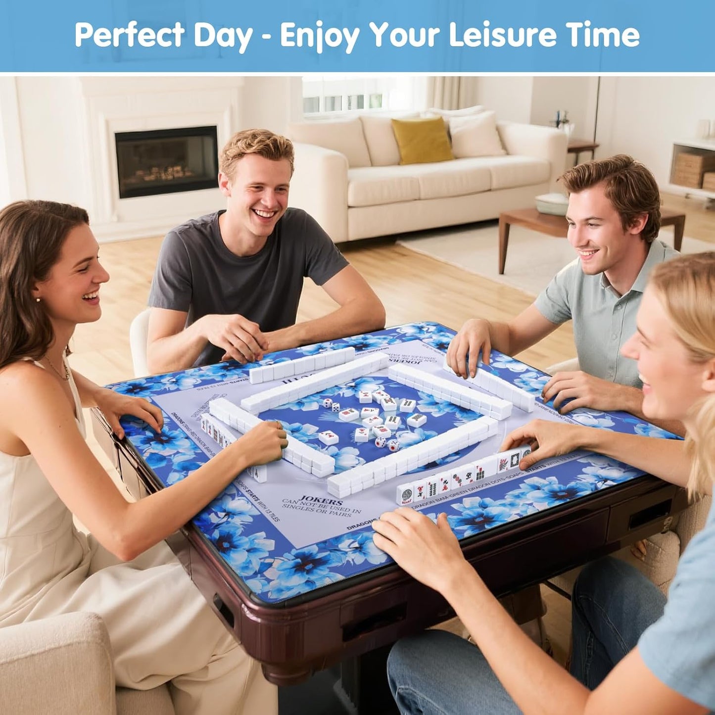 Mahjong Mat for Table 31.5x31.5Inch,Anti-Slip, Noise-Reducing American Mahjong Mat with Rules, Mahjong Table Mat with Carry Bag,Neoprene Mahjong Mat for Poker, Cards, Board.(Blue)