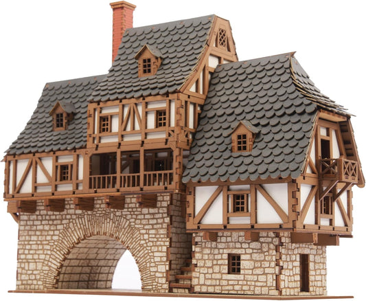 Fawlty Manor (Pro Texture) - Bridge Dwelling - Medieval Tavern - Medieval Europe Series - 3D Puzzle - Architectural Model Kit - DIY - 28mm Scale – 465 Pieces – Ages 15 Years and Above