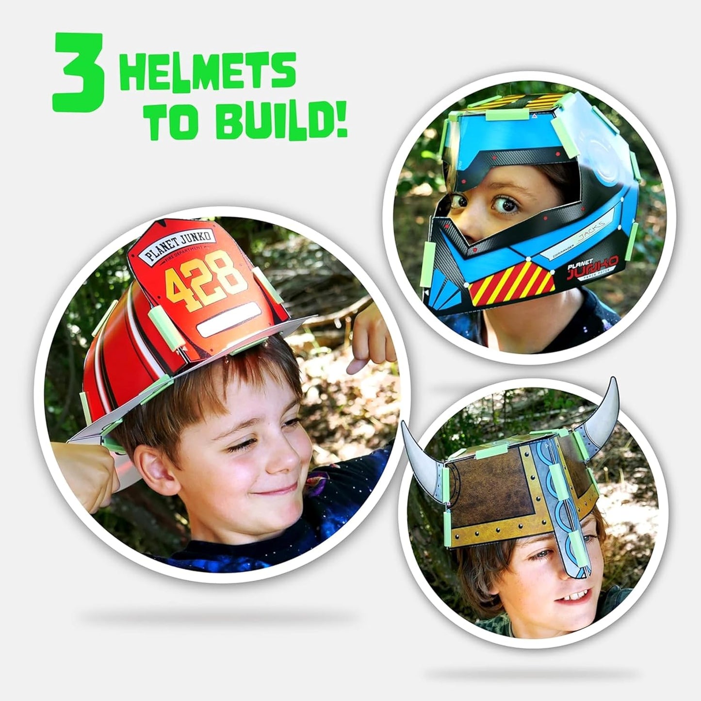 JUNKO Create Your Own Firefighter, Viking, and Space Action Helmet | Build and Color DIY Paper Craft Kit for Kids | Fun Rainy Day Activity