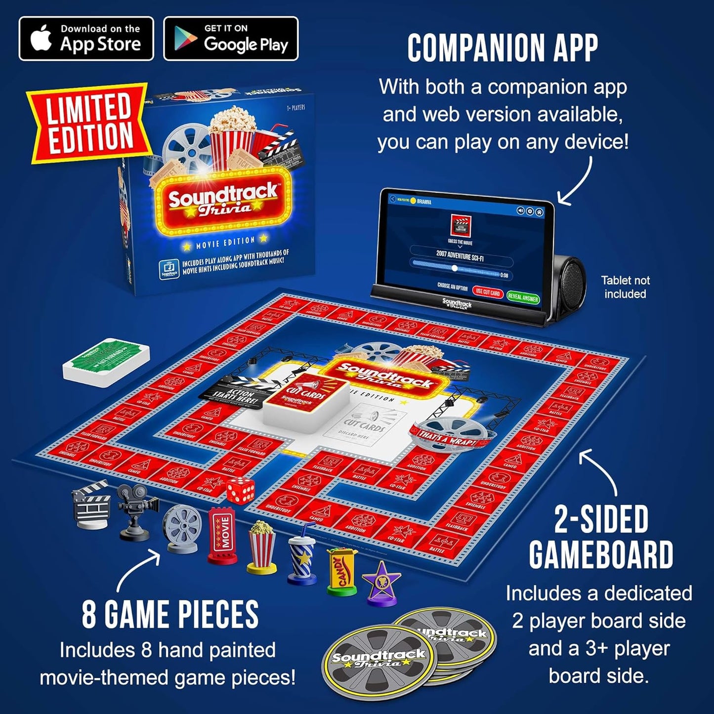 Soundtrack Trivia Limited Edition Movie Game Includes Bluetooth Speaker, Hand Painted Pieces and Coasters, Name The Movie from a 15 Second Music Clip, Board Game for Family, Adults, Kids Ages 8+