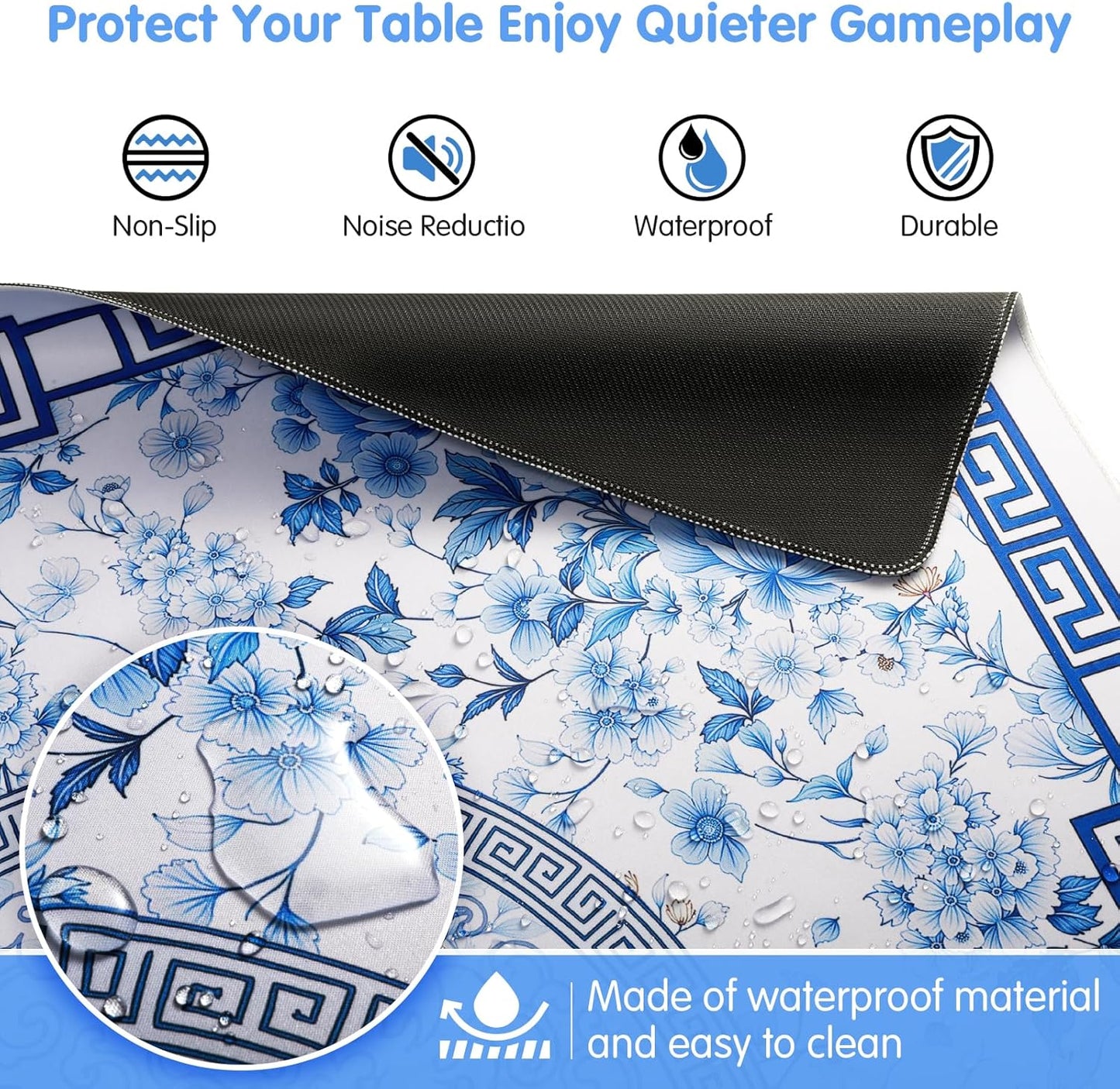 Mahjong Mat for Table 33x33 Inch, No-Crease, Anti-Slip, Noise-Reducing American Mahjong Mat, Mahjong Table Mat with Carry Bag,Neoprene Mahjong Mat for Poker, Card, Board(Blue)