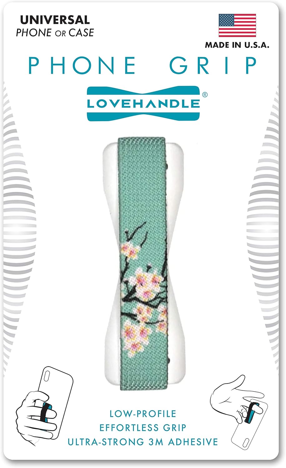 LOVEHANDLE Universal Phone Grip for Smartphones & Mini Tablets - Phone Holder for Hand - Wireless Charging Compatible - Made in The USA - Cherry Blossom