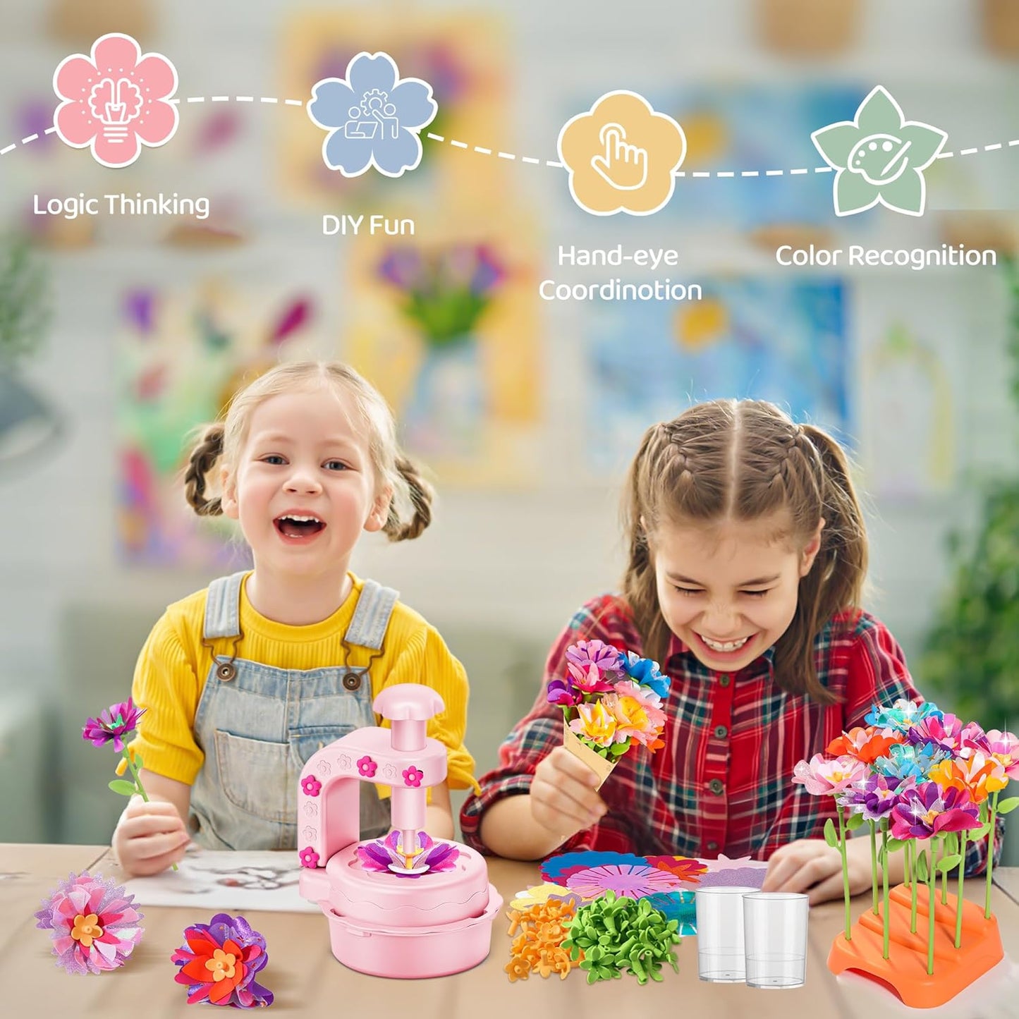 Fabric Flower Bouquets Toys,DIY Craft Kits for Kids,Arts and Crafts Toy for 3+ Year Old Girls,Flowers Market Toy,Build Your Flower Bouquet,Educational Preschool Learning Toys for Birthday,Christmas
