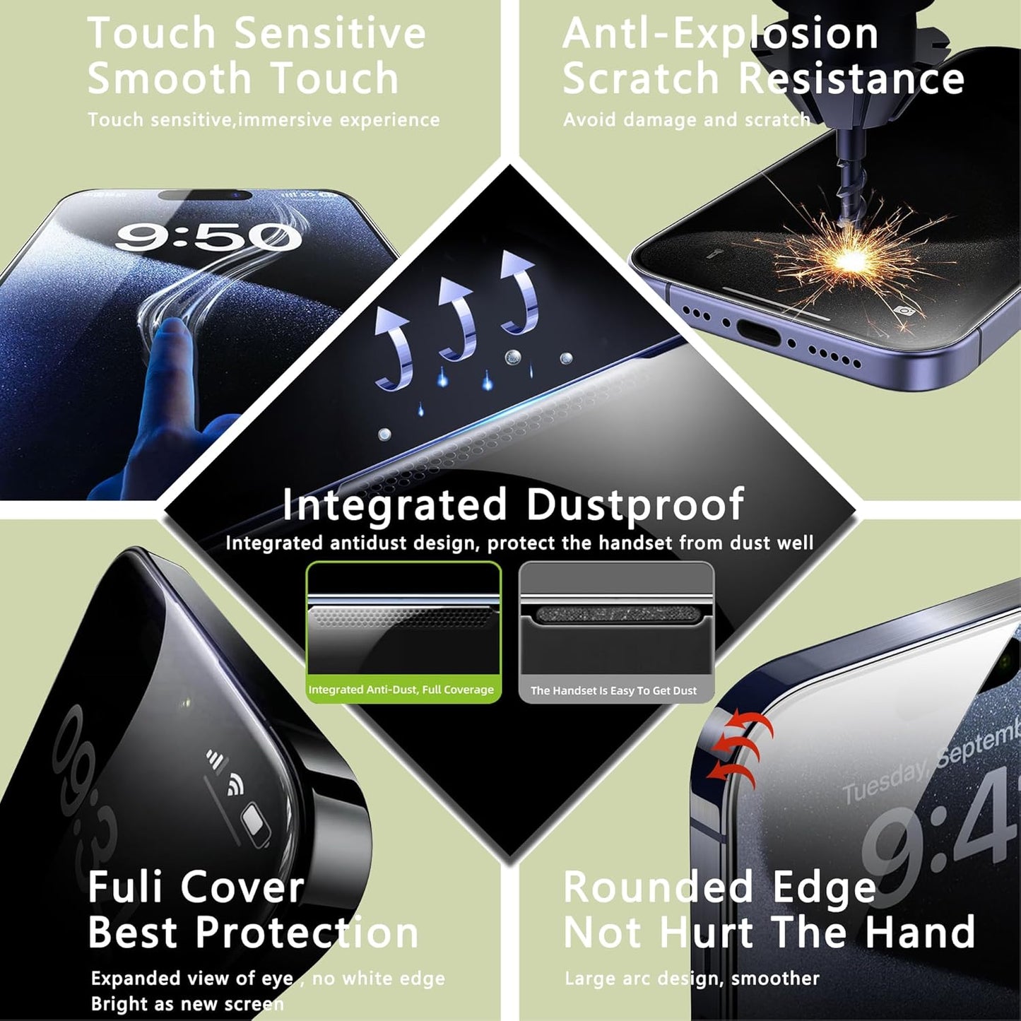 (2-Pack Anti Blue Light Matte Screen Protector for iPhone 14 Pro/15/16 (6.1-Inch),9H Tempered Glass,Anti-Glare,Full Coverage,Anti-Fingerprint,Auto Dust Removal,Bubble-Free