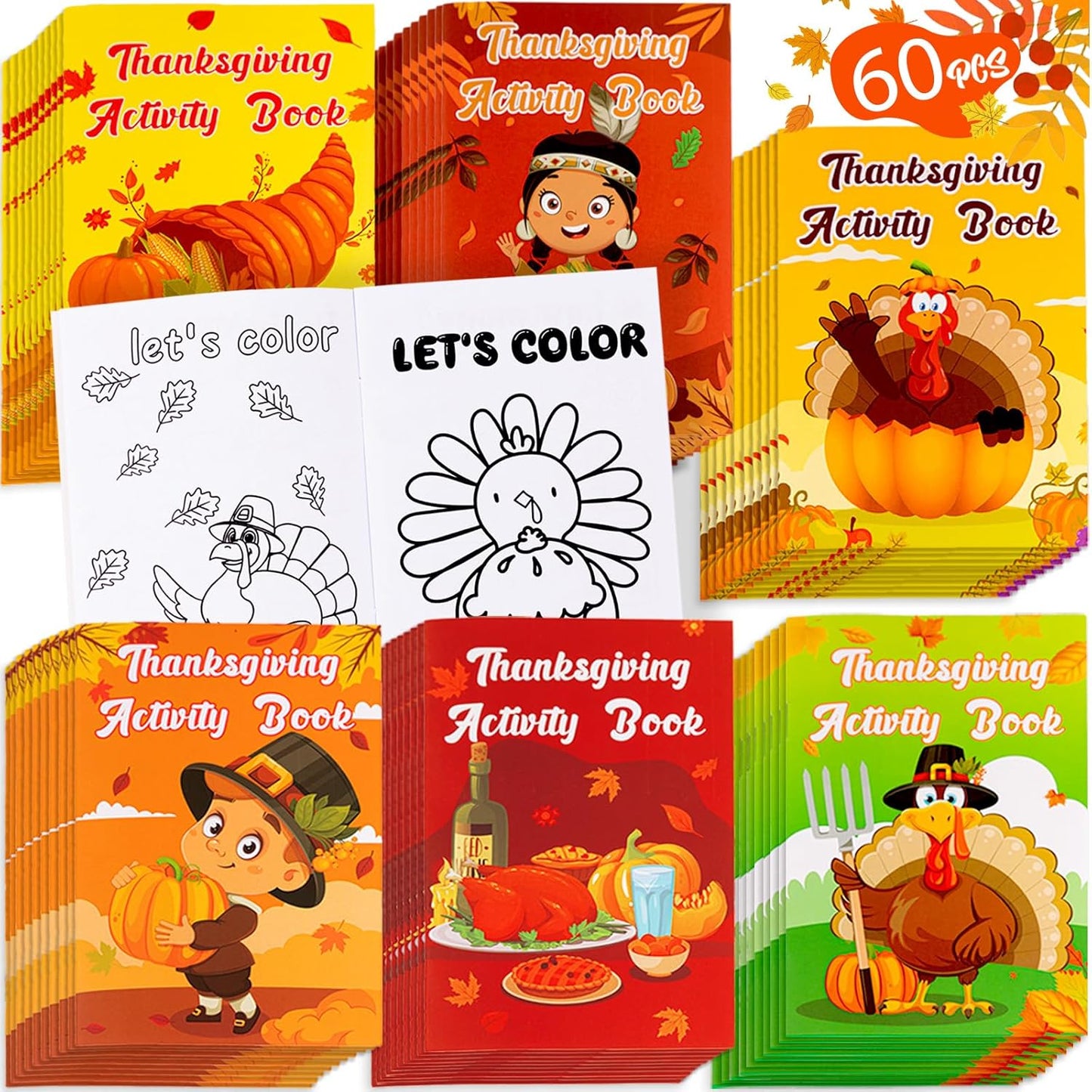 60PCS Thanksgiving Activity Books Party Favors for Kids - Fall Games Coloring Maze Book in Bulk, Classroom Activities Crafts Gifts