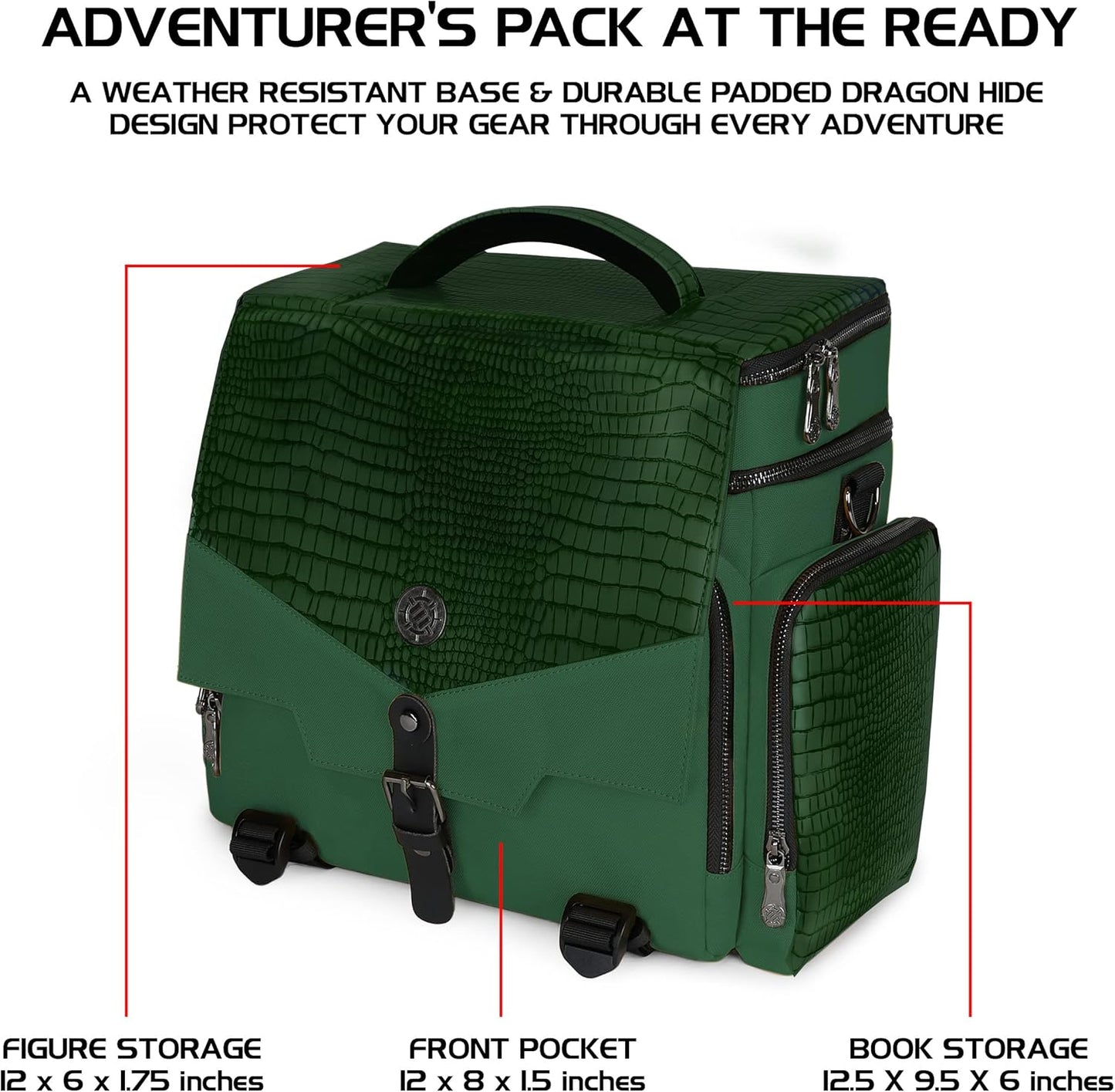 ENHANCE Collector's Edition RPG Adventurer's DnD Bag - Dragon Hide Exterior Travel RPG Bag with Tabletop Miniatures Storage Vault, Mat Holder, DnD Dice & Token Pockets, Fits 4-8 Books (Dragon Green)