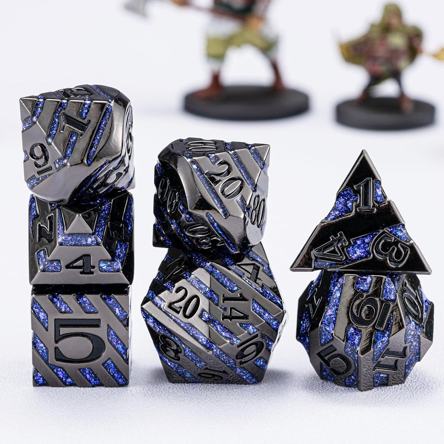 Anitque Metal Dice D&D,Metal Glitter Stripe Dice 7pcs Set with Gift Case,Polyhedral Dice for Role Playing Game (Black Nickel Dark Purple)
