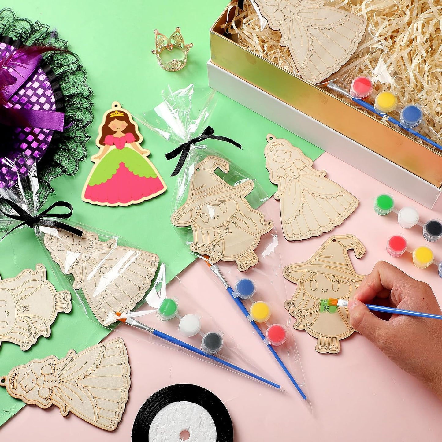 VioraWhite 24 Set Paint Your Own Witch Princess Party Favors Pink and Green Party Supplies Witch Hats Princess Crowns DIY Wood Painting Craft Kit Color Your Own Arts Crafts Kit for Birthday Gift