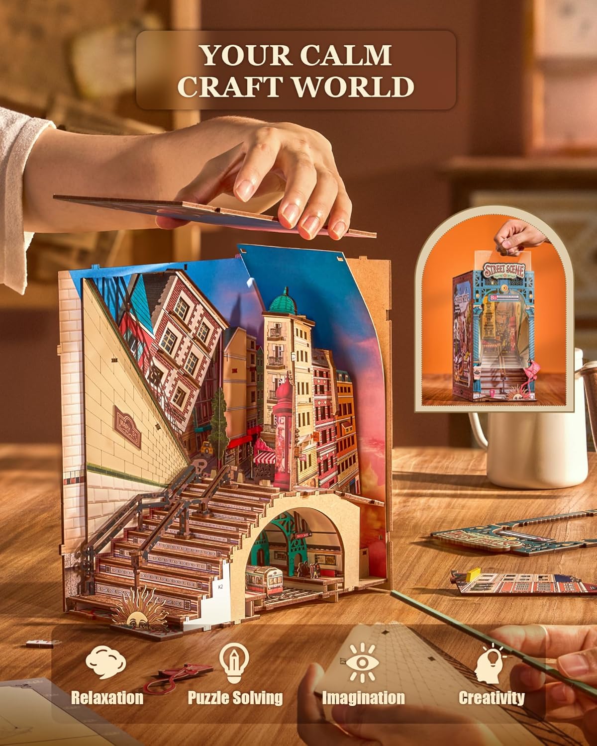 Rolife DIY Book Nook Kits for Adults, Miniature Dollhouse Booknook Kit, 3D Wooden Puzzle Creative Decorative Bookends Bookshelf Diorama Insert Crafts Hobbies Gifts (Street Scene)