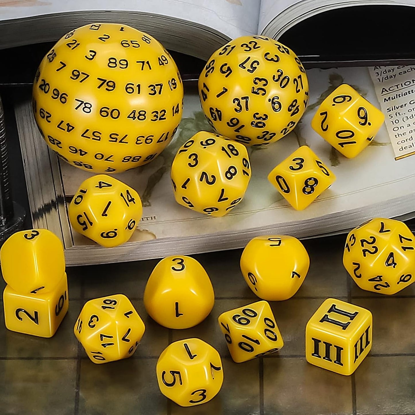 CiaraQ DND Polyhedral Dice Set (15pcs) D4-D100 Game Dice with Dice Bag for Dungeons and Dragons Role Playing Table Games (Yellow & Black)