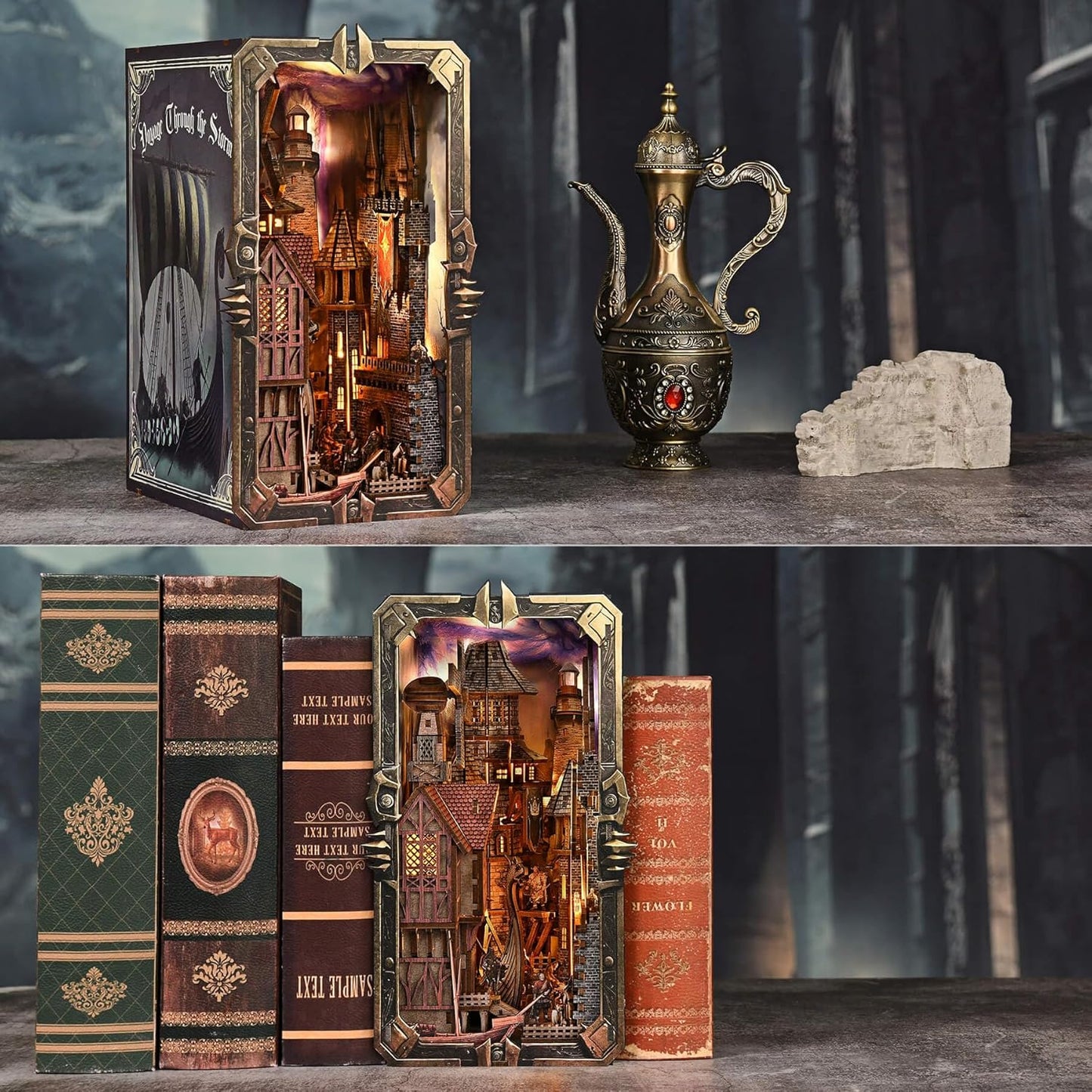 Book Nook Kit - DIY Miniature House Dollhouse Kit for Adults and Teens, Medieval Fantasy Viking Theme Bookshelf Decor 3D Wooden Puzzle Bookend, Gifts for Family, Friends (Voyage Through The Storm)