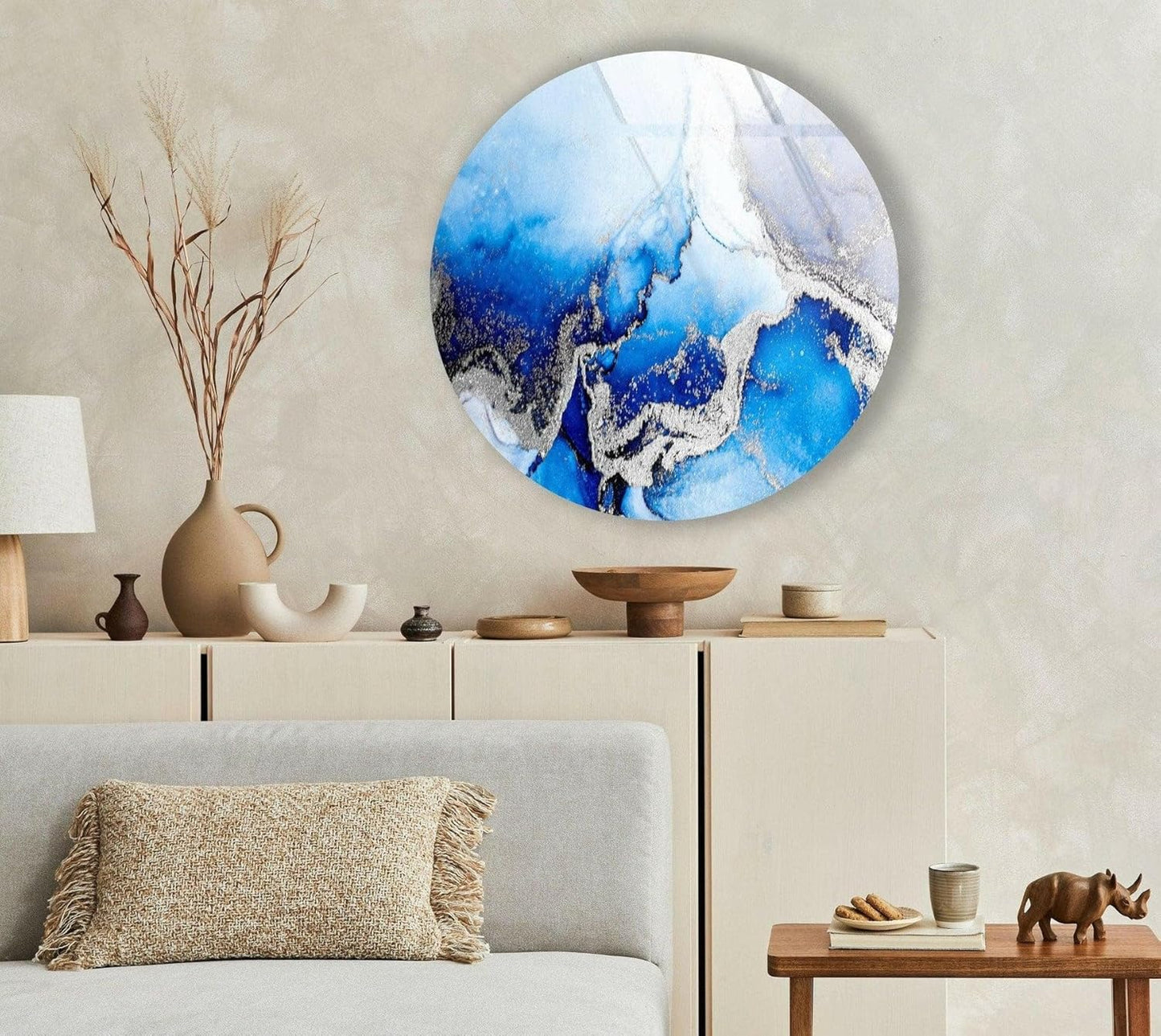 My Photostation.com 10''(25cm) Diameter Blue Marble Round with Silver Details Glass Wall Art Tempered Glass Printing Wall Decor Large Wall Art Wall Hangings