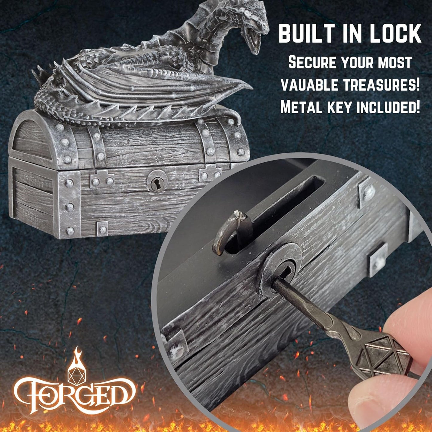 Forged Dice Co. Wyvern Dice Box with Lock and Key - Dragon Storage Chest Compatible with Dungeons and Dragons, D&D Miniatures, Dnd Accessories - Fits up to 4 Standard Polyhedral Sets - Black