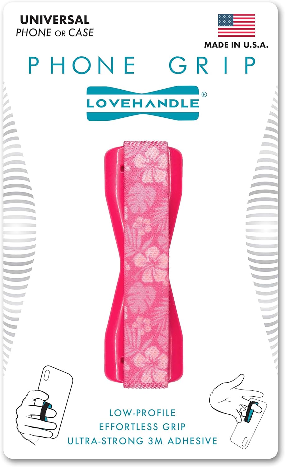 LOVEHANDLE Universal Phone Grip for Smartphones & Mini Tablets - Phone Holder for Hand - Wireless Charging Compatible - Made in The USA - Pink Aloha