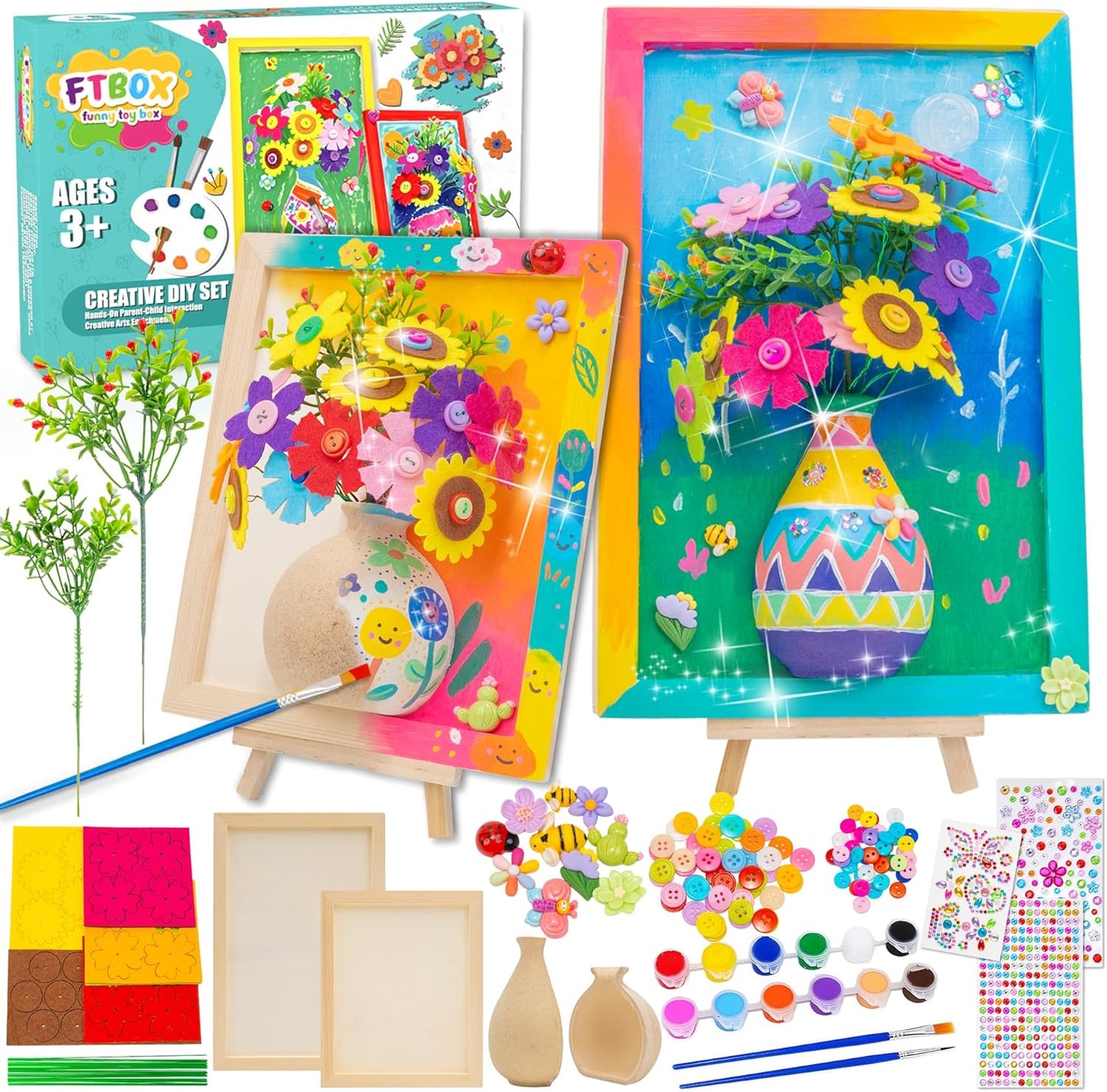 Crafts Gift for Girls, DIY 3D Felt Flowers Wooden Vase Picture Frame Painting Kit, Arts and Crafts Project for Kids Age 6 7 8 9 10 11 12 Years Old (Felt Flowers)