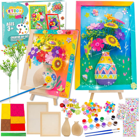Crafts Gift for Girls, DIY 3D Felt Flowers Wooden Vase Picture Frame Painting Kit, Arts and Crafts Project for Kids Age 6 7 8 9 10 11 12 Years Old (Felt Flowers)
