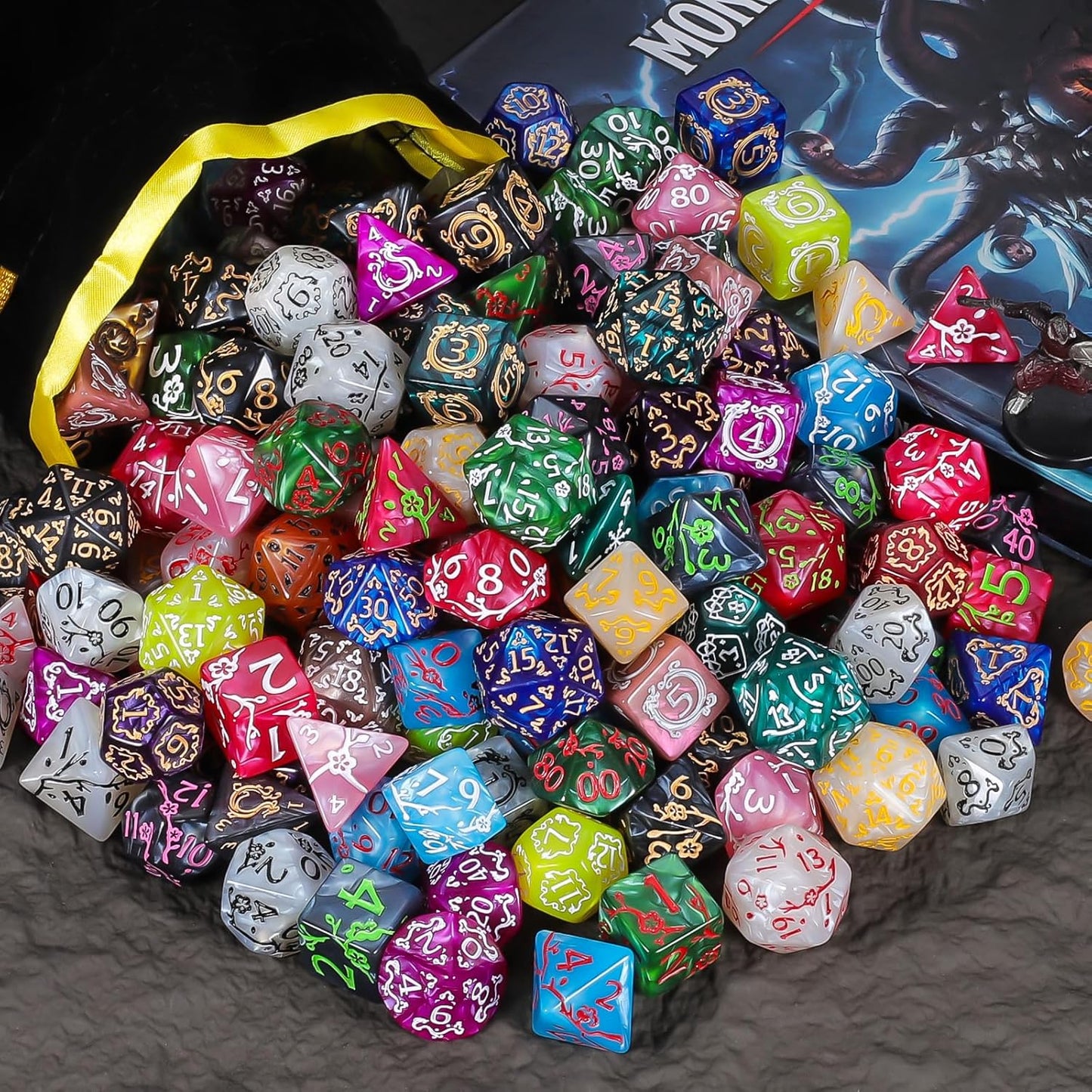 CiaraQ DND Dice Sets- 26 X 7 Polyhedral Dice (182pcs) with a Large Drawstring Bag, Multi-Color Engraved Gaming Dice for Dungeons and Dragons, Role Playing Table Game.