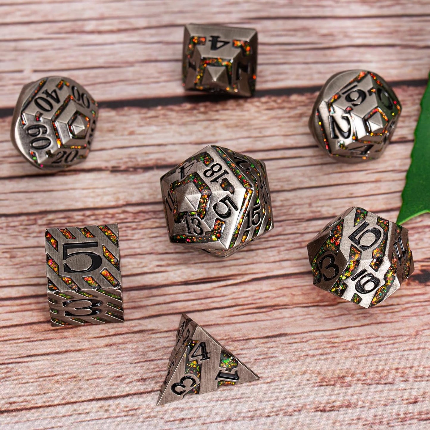 Anitque Metal Dice D&D,Metal Glitter Stripe Dice 7pcs Set with Gift Case,Polyhedral Dice for Role Playing Game (Antique Nickel Red)