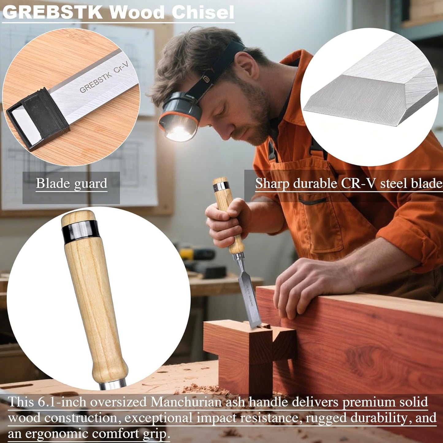 GREBSTK 4 Pcs Wood Chisel Set, CRV Steel Bevel Sharp Edge Bench Chisels with Safety Caps, Comfortable Oversized Solid Wood Handle, for Woodworking and DIY Projects, 11"x(1/4", 1/2", 3/4", 1")