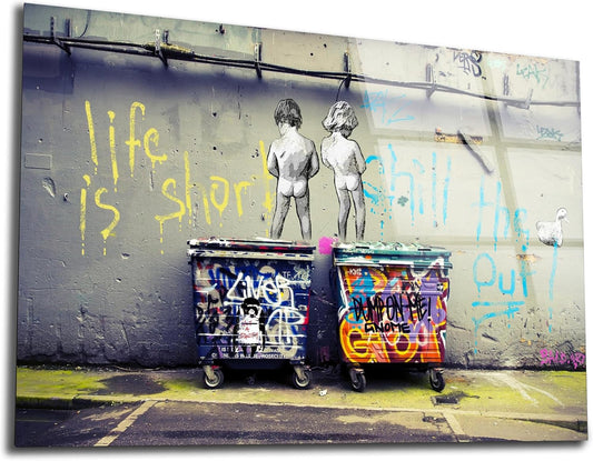 SpiritualHands Banksy Peeing Boys Life Is Short Printed Tempered Glass Wall Art Painting for Living Room, Tempered Glass Modern Prints Decor, Large Vivid Color Panel for Bedroom, Kitchen, or Office