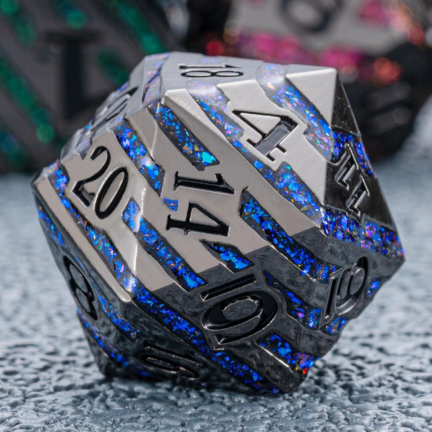 Metallic Glitter Stripes D&D Dice Set,7 PCS Polyhedral Dice Set with Gift Metal Box for Dungeons and Dragons,DND Metal Dice for Tabletop Game (Black Nickel Seven Colors)