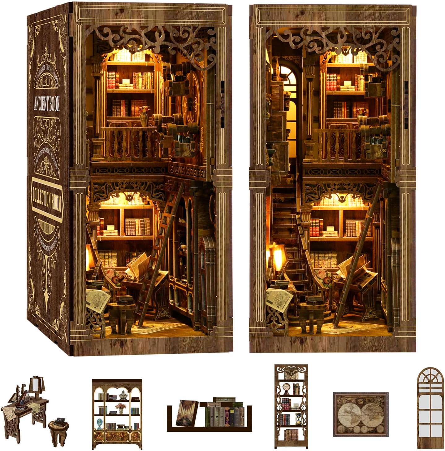 Book Nook Kit for Adult Miniature Model Build Dollhouse Kit 3D Wooden Puzzle with Sensor Led Light for Bookshelf Bookend Insert Decor Adults Teen Crafts(Classical Book Collection Room)