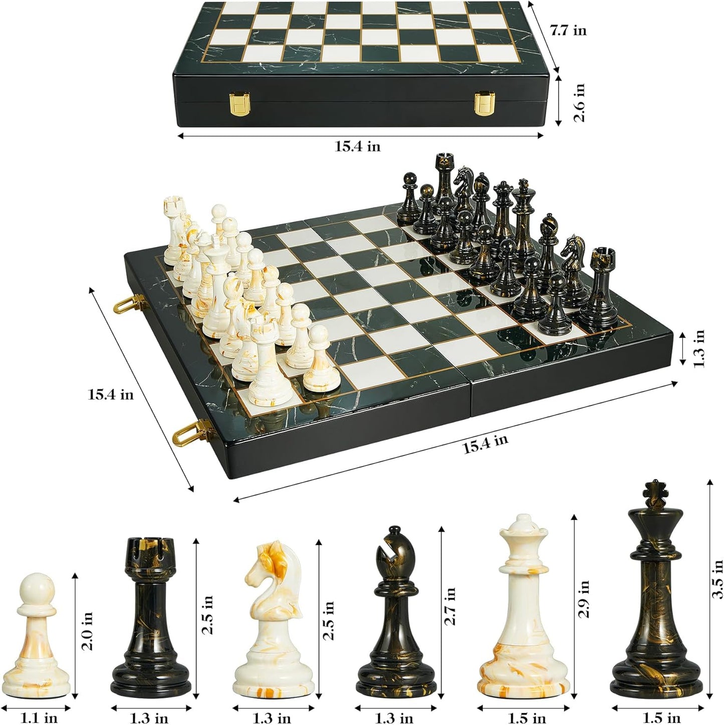 15" Large Chess Set for Adults- Weighted Acrylic Pieces Including Extra 2 Queens, 3.5" King w/Leather Base, Portable Folding Marbling Wooden Chess Board - Travel/Family Game & Elegant Gift