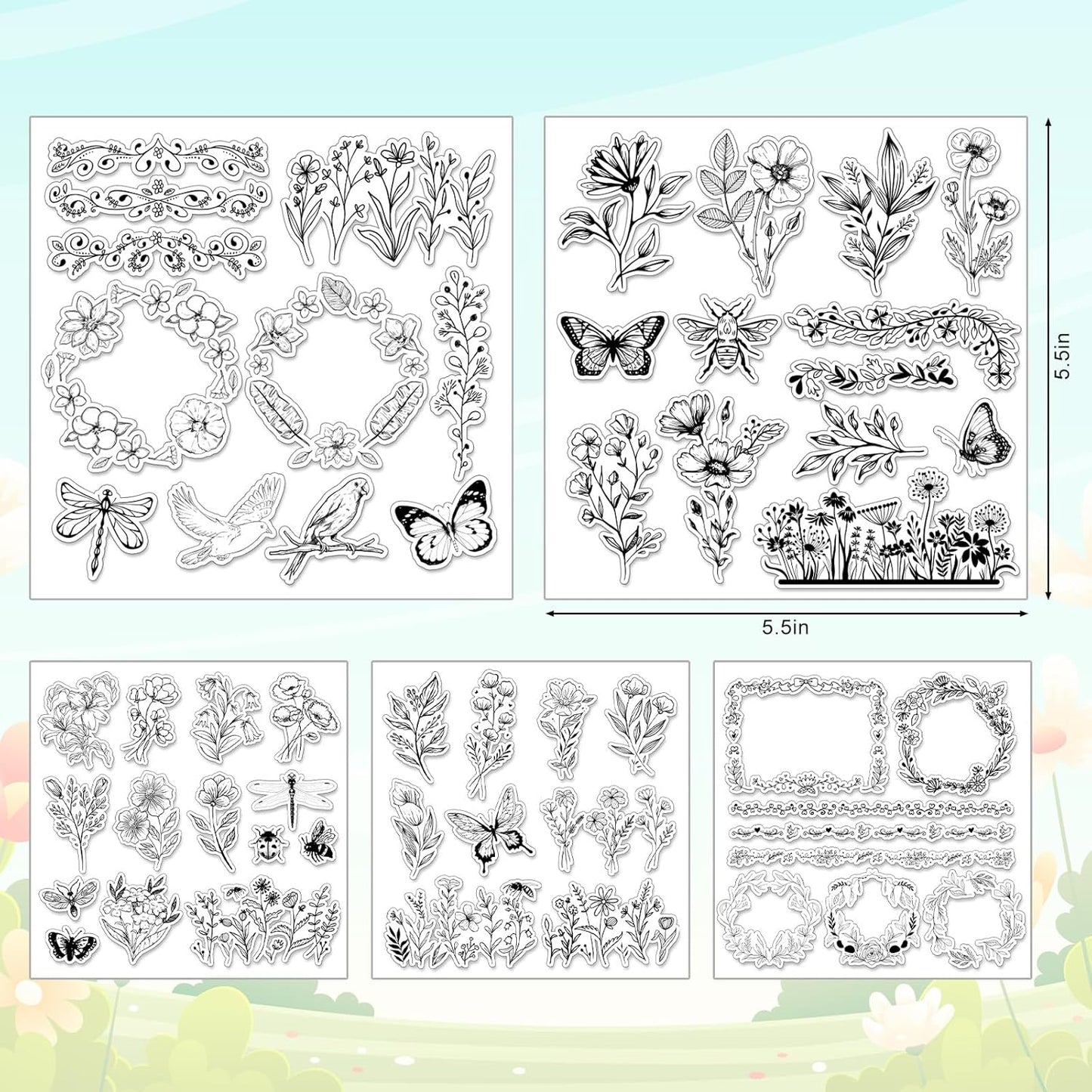Whaline 5 Sheets Wildflower Clear Stamps Floral Leaves Butterfly Silicone Transparent Stamps for DIY Craft Card Making Scrapbooking Embossing Album Decor