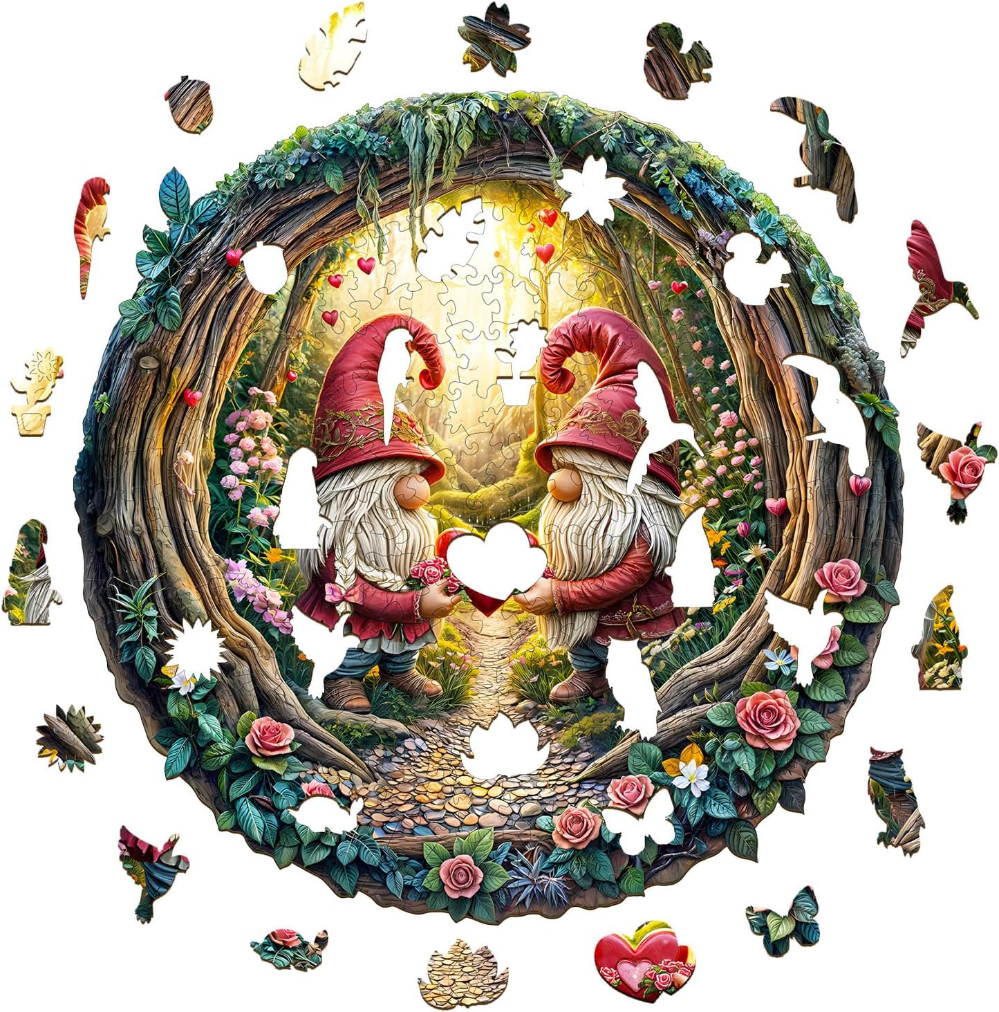 KAAYEE Wooden Puzzles for Adults, 3D Visual Effect Gnome Couple Wooden Jigsaw Puzzle Unique Shape Wood Puzzle Adult, 3D Effect Flat Puzzle Birthday Family Games (S-8.5 * 8.4in-100pcs)