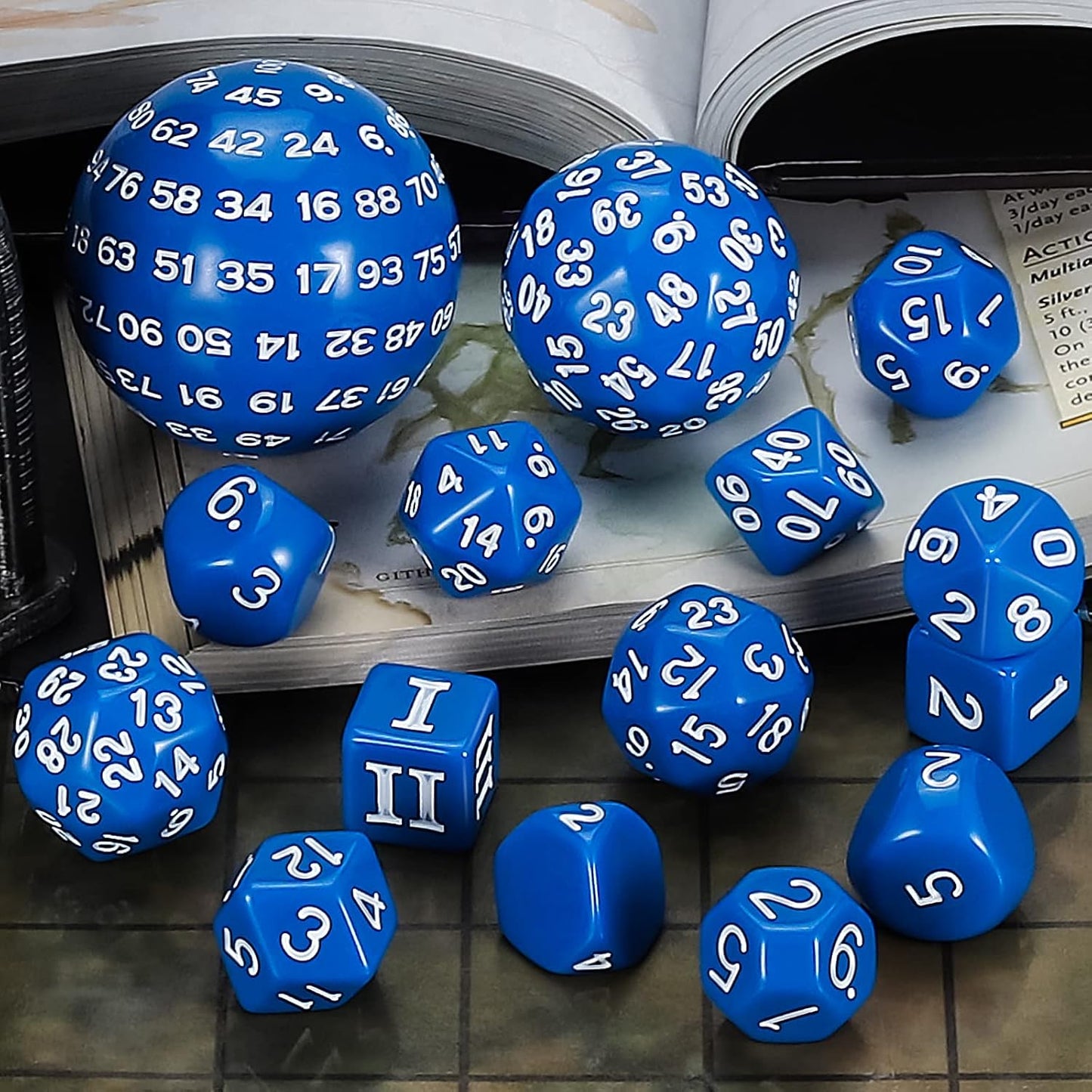 CiaraQ DND Polyhedral Dice Set (15pcs) D4-D100 Game Dice with Dice Bag for Dungeons and Dragons Role Playing Table Games (Blue & White)