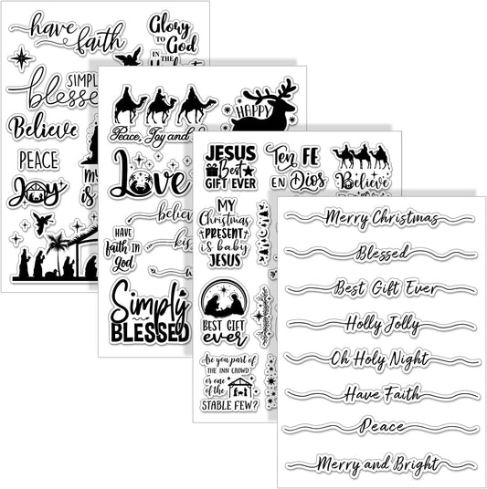 Whaline 4 Sheets Christmas Clear Stamps Greeting Words Nativity Scene Silicone Transparent Stamps Holy Night Stamp for Xmas DIY Craft Card Making Scrapbooking Embossing Album Decor