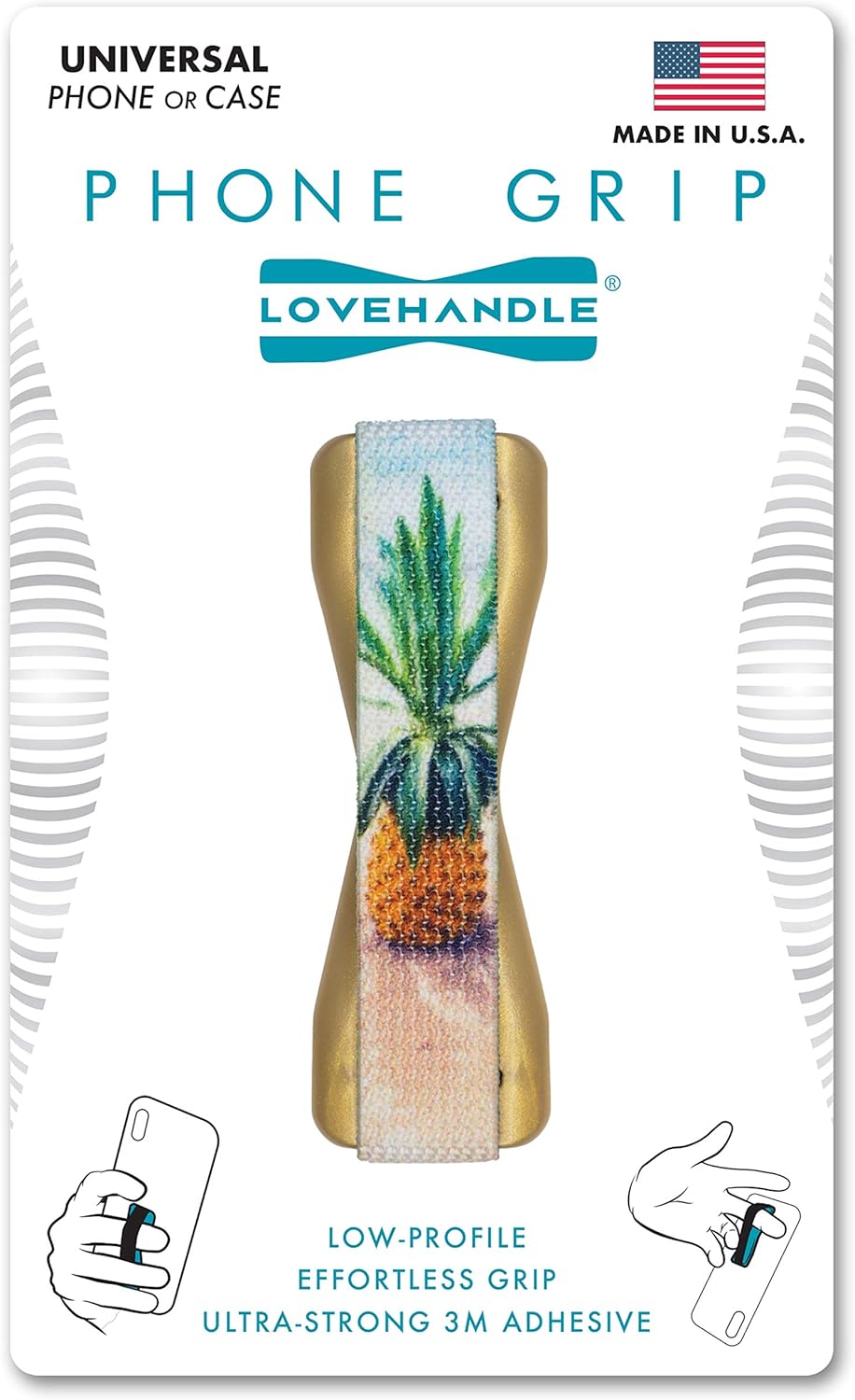 LOVEHANDLE Universal Phone Grip for Smartphones & Mini Tablets - Phone Holder for Hand - Wireless Charging Compatible - Made in The USA - Beached Pineapple