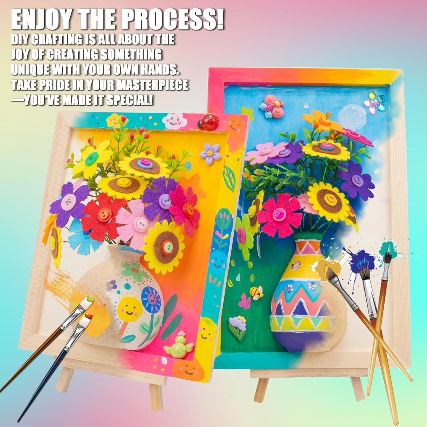 Crafts Gift for Girls, DIY 3D Felt Flowers Wooden Vase Picture Frame Painting Kit, Arts and Crafts Project for Kids Age 6 7 8 9 10 11 12 Years Old (Felt Flowers)