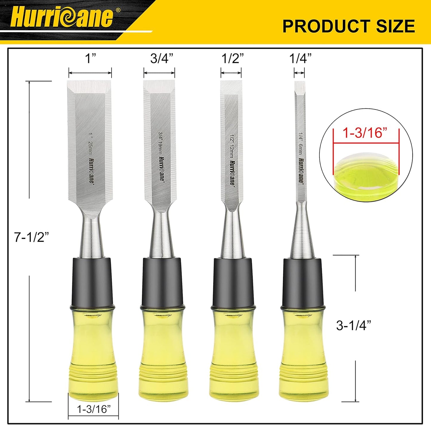 HURRICANE 4 Piece Wood Chisel Set for Woodworking. CR-V Steel Beveled Edge Blades with Safety Caps. Extra Large Grip, Impact-Resistant PVC Handle Chisels (1/4", 1/2", 3/4", 1")