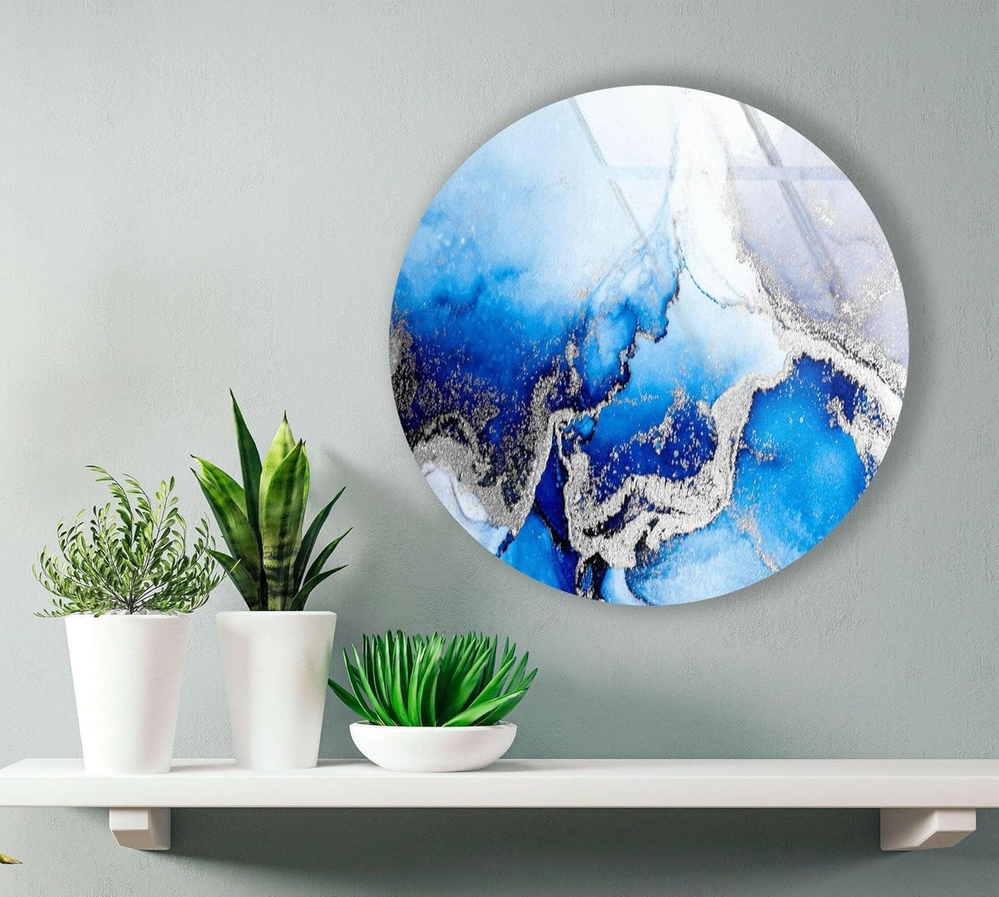 My Photostation.com 31.5''(80cm) Diameter Blue Marble Round with Silver Details Glass Wall Art Tempered Glass Printing Wall Decor Large Wall Art Wall Hangings