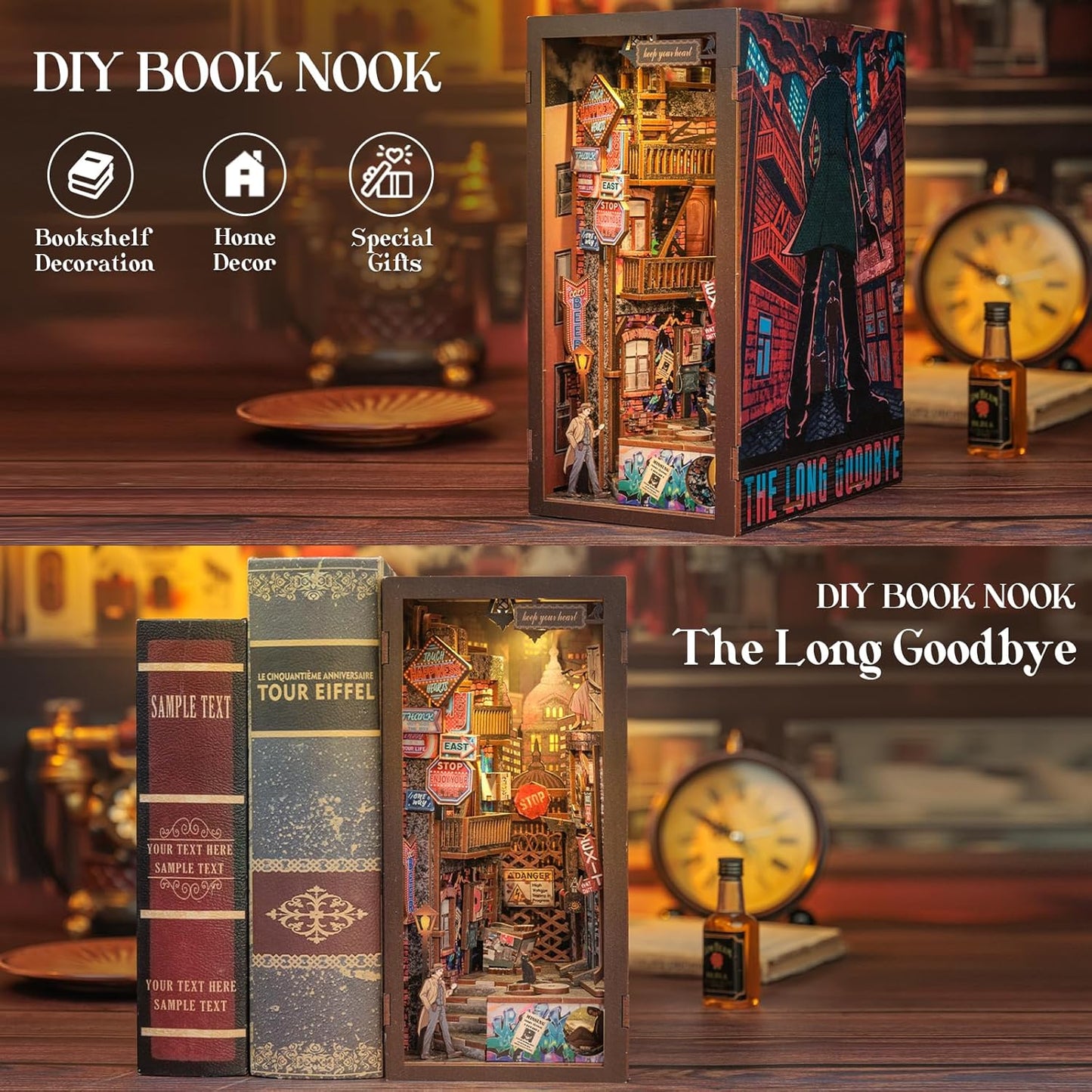 Cutefun Book Nook Kit - DIY Miniature Dollhouse Kit for Adults and Teens, Bookend Mini House Building Kit with LED, 3D Wooden Puzzle for Beginner Creative Gifts (The Long Goodbye)