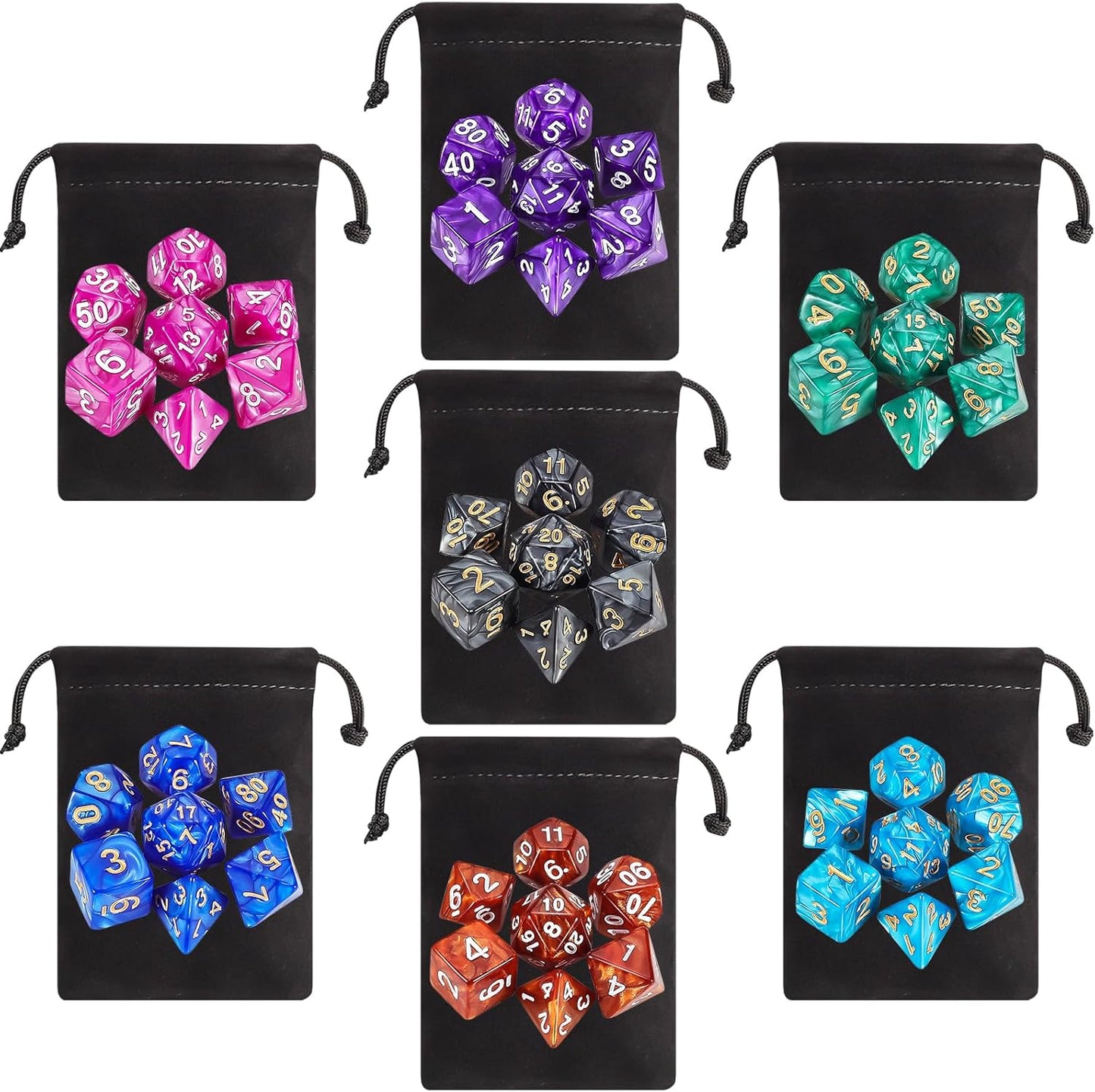 QMay Polyhedral Dice Set - 7 x 7 (49 Pieces) DND Dice with 7PCS Black Drawstring Bags Great for Dungeons and Dragons, RPG, MTG,Role Playing Table Games D4 D6 D8 D10 D% D12 D20