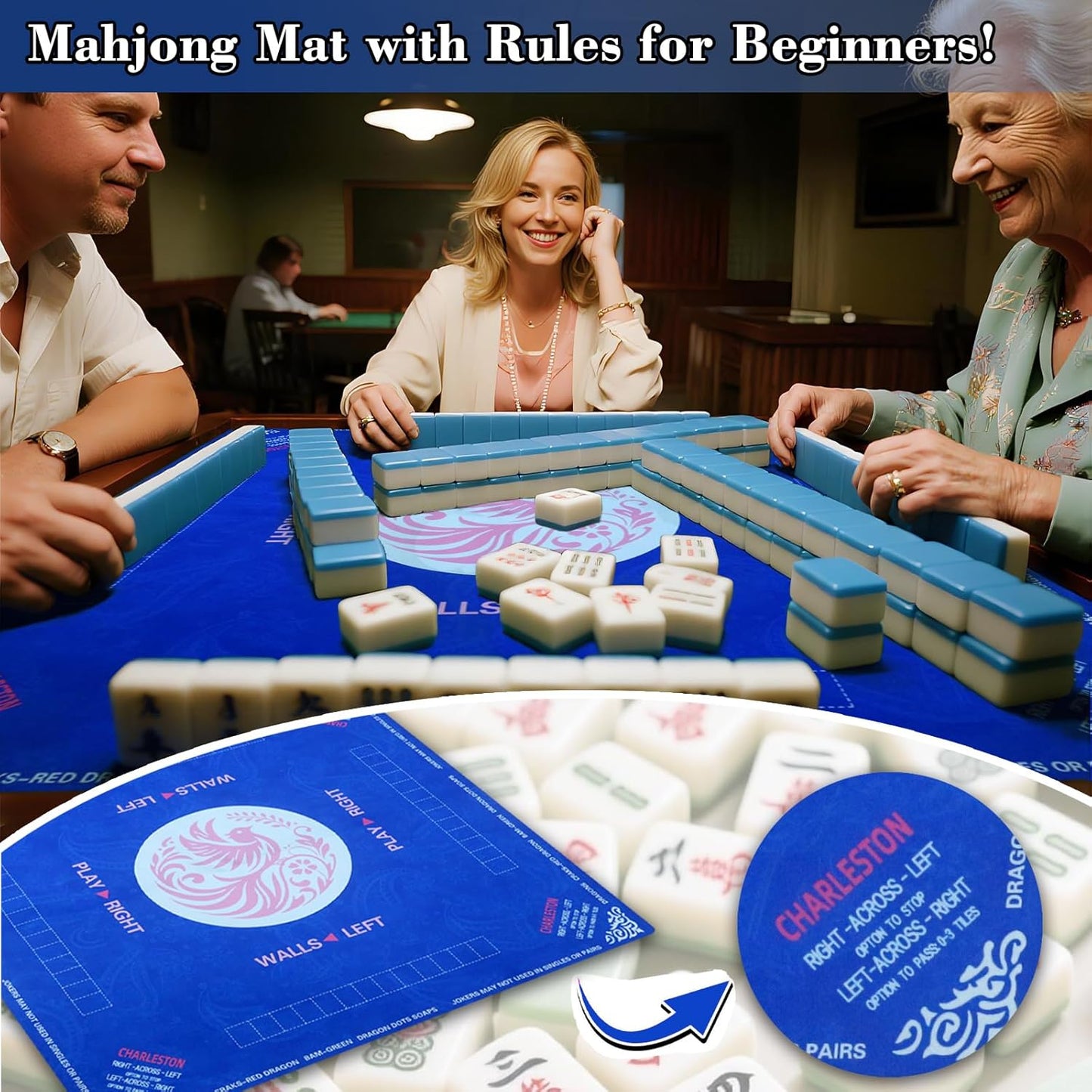 2025 Mahjong Mat, 31.5" x 31.5" Neoprene Mahjong Table Mat with Rules, Anti Slip & Noise Reduction Gaming Mat for Poker, Card, Dominoes, Board & Tile Games, Mahjong Gift with Carrying Bag - Blue