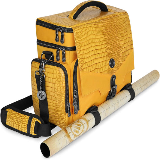 ENHANCE Collector's Edition RPG Adventurer's DnD Bag - Dragon Hide Exterior Travel RPG Bag with Tabletop Miniatures Storage Vault, Mat Holder, DnD Dice & Token Pockets, Fits 4-8 Books (Dragon Gold)