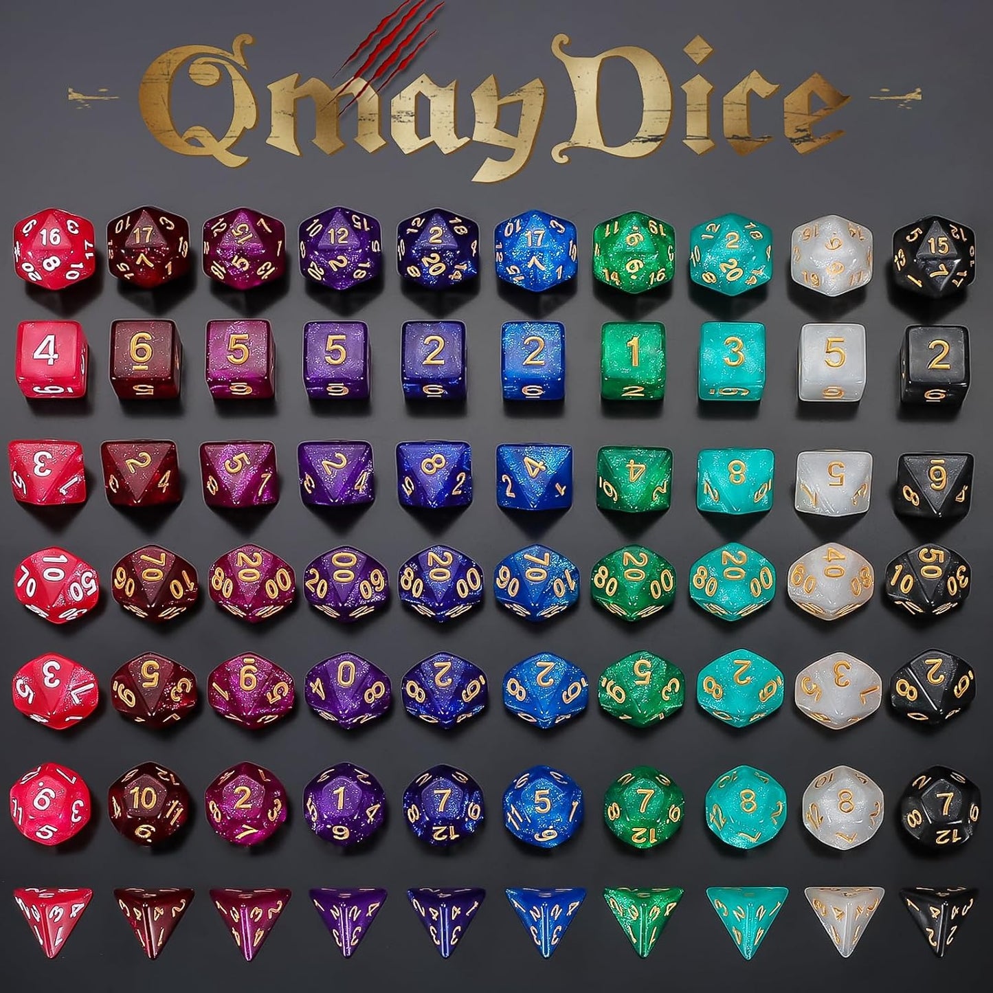 QMay DND Dice Set 10x7 (70 Pieces) Polyhedral Dice for Dungeons and Dragons D&D RPG MTG Role Playing Games with 1 Drawstring Bag