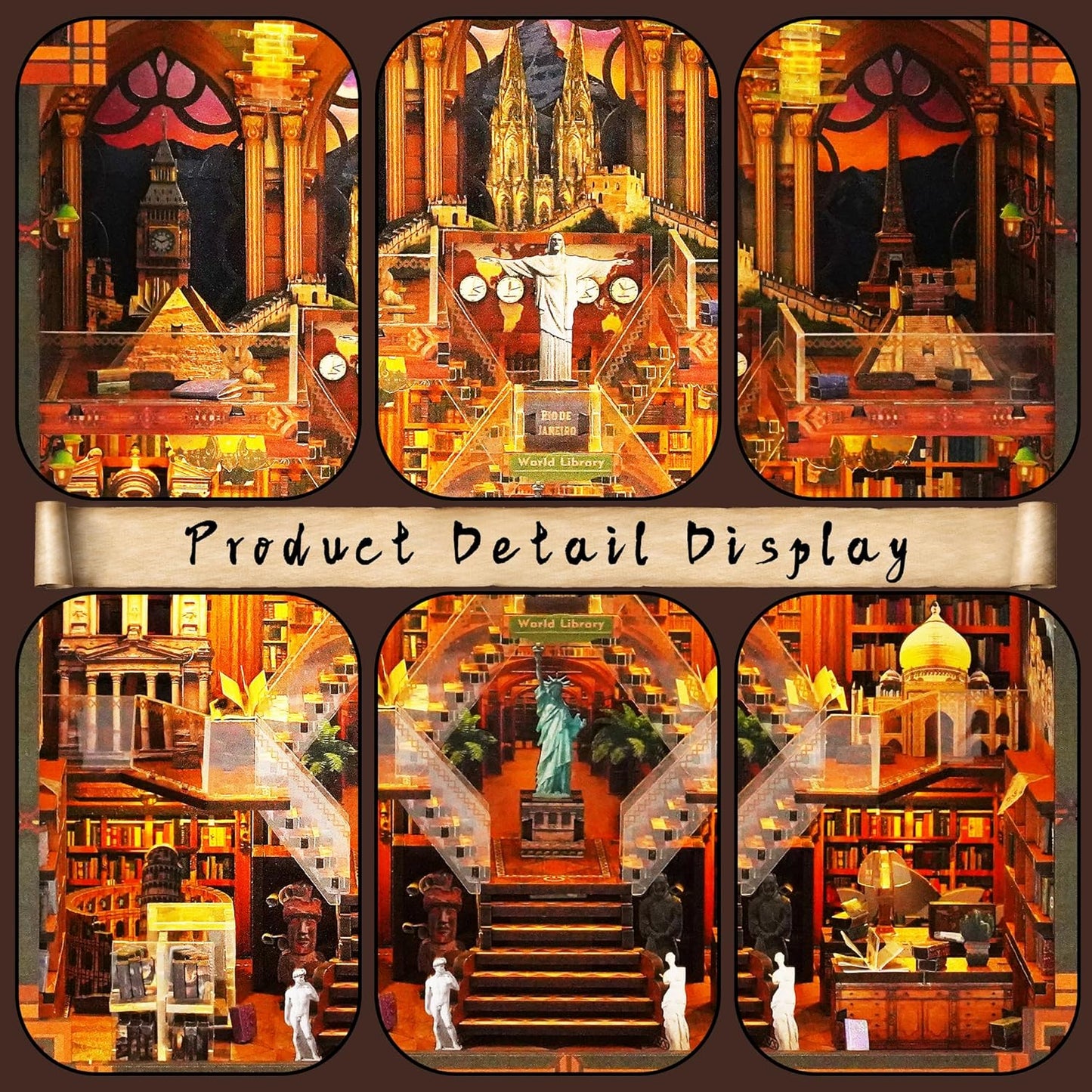 Book Nook Kit - DIY Miniature World Library Booknook - 3D Wooden Puzzle with LED Lights - Creative Bookshelf Insert & Educational Gift for Adults