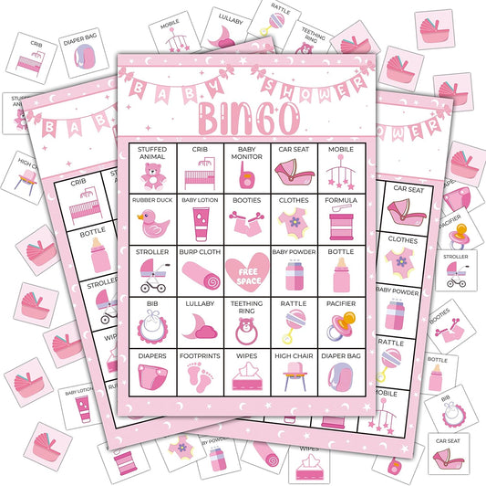 Pink Shower Party Bingo Cards, Shower Bingo Game, Shower Party Games for Adults, Gender Reveal Party Games Favors Supplies Decorations, 24 Players Bingo Game (A03)