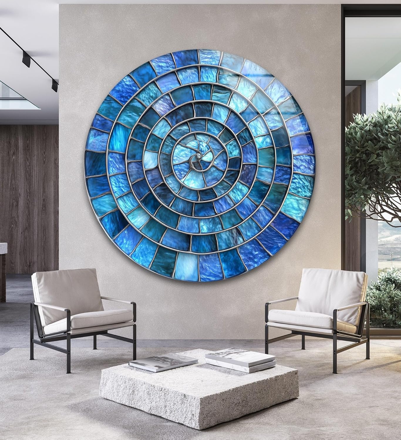 My Photostation.com 39,4''(100cm) Diameter Blue Aqua Spiral Harmony Round Glass Wall Art Tempered Glass Printing Wall Decor Large Wall Art Wall Hangings