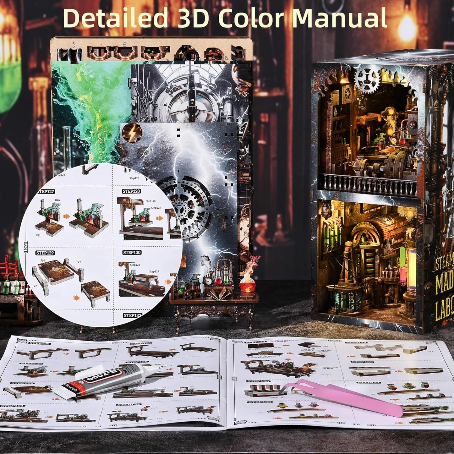 Book Nook Kit, Steampunk DIY Booknook Kits for Adults and Teens, 3D Wooden Puzzle Bookend Miniature Dollhouse Kit Creative Bookshelf Insert Decor with LED Light (Mad Scientist's Lab)