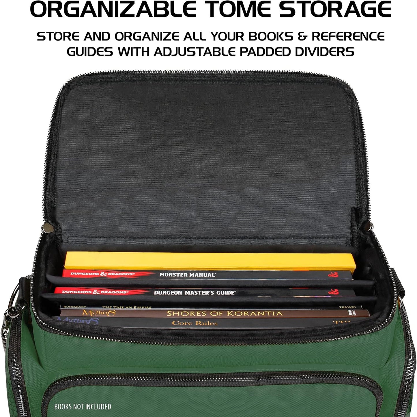 ENHANCE Collector's Edition RPG Adventurer's DnD Bag - Dragon Hide Exterior Travel RPG Bag with Tabletop Miniatures Storage Vault, Mat Holder, DnD Dice & Token Pockets, Fits 4-8 Books (Dragon Green)