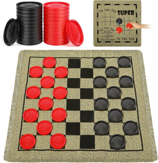 Giant Checkers Game Set - 3-in-1 Reversible Carpet for Kids & Adults - Oversized Indoor/Outdoor Mat for Family Fun & Parties