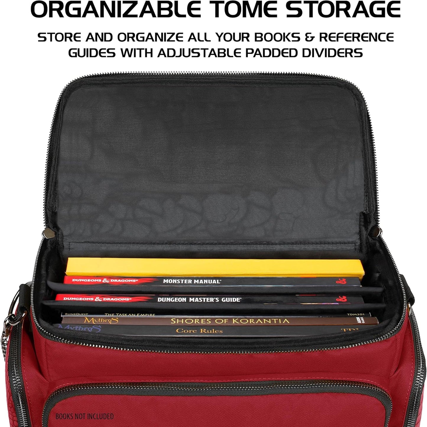 ENHANCE DND Bag - RPG Dungeons and Dragons Accessory Bag with Mini Storage, Mat Holder, Dice Pockets, Suitable for 4-8 Books, Red Dragon, Customizable