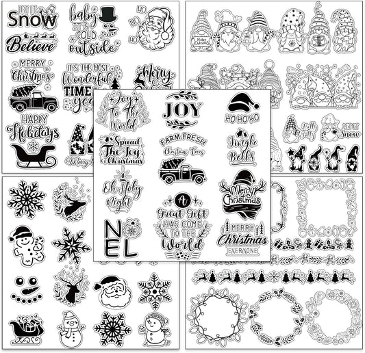 Whaline 5 Sheet Christmas Clear Stamps Wreath Snowman Gnome Silicone Transparent Stamps Greeting Words Border Stamp Cards for DIY Craft Card Making Scrapbooking Embossing Album Decor