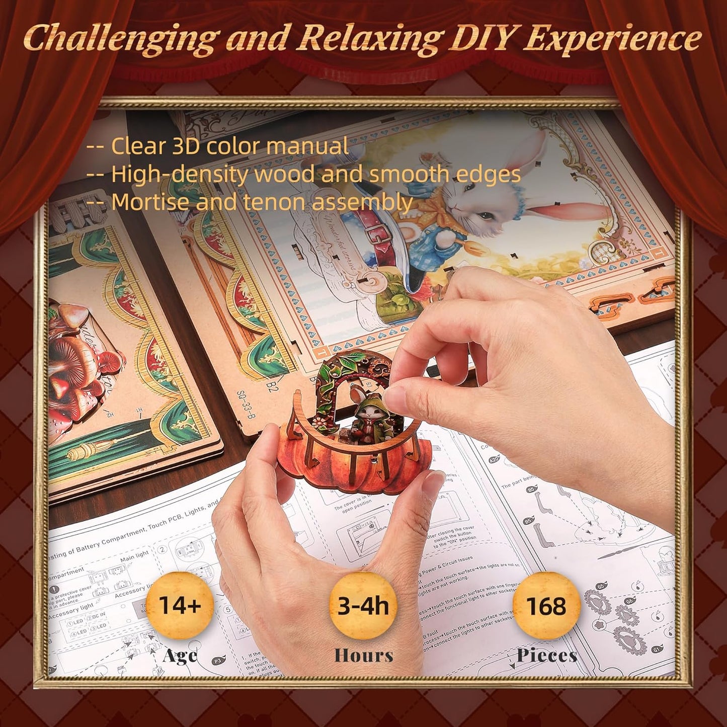 LED 3D Wood Puzzle Puppet Theater Book Nook Kit - Interactive Miniature DIY Bookshelf Insert with Movable Puppets - Creative Fantasy Scene Home Decor Gift(Puppet Theater)