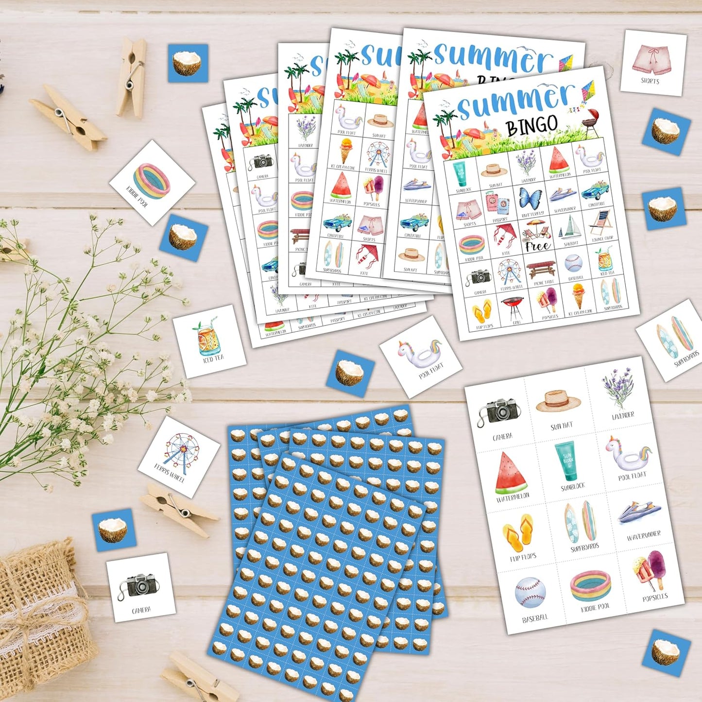 Summer Bingo Cards, Summer Party Bingo Cards for Adults, Hawaiian Bingo Games for Birthday Party Beach Luau Party, 24 Players Party Activity Favor Decoration Supplies, 01